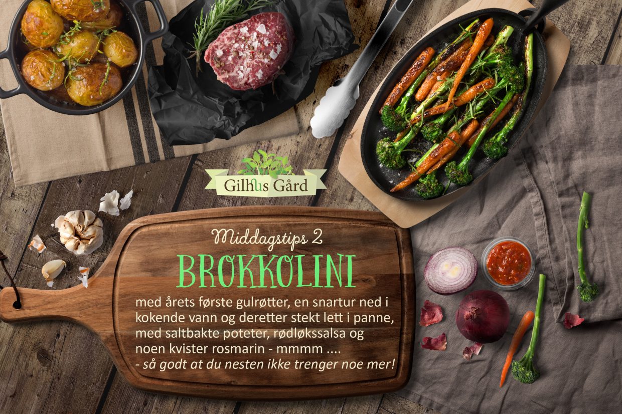 Brokkolini med årets første gulrøtter, et godt tilbehør til middagen